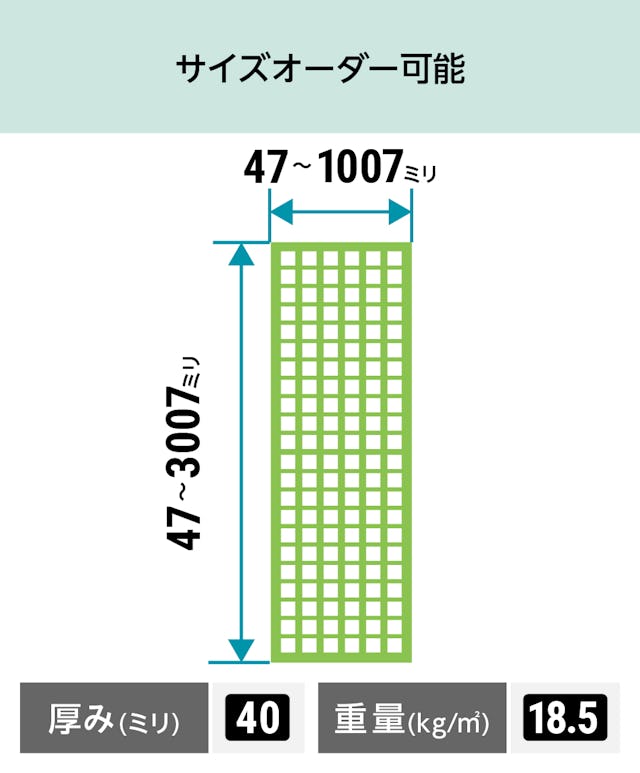 マス目40ミリ角・40ミリ厚の「frpグレーチング(OG4040)」は、1ミリ単位でオーダーメイド可能