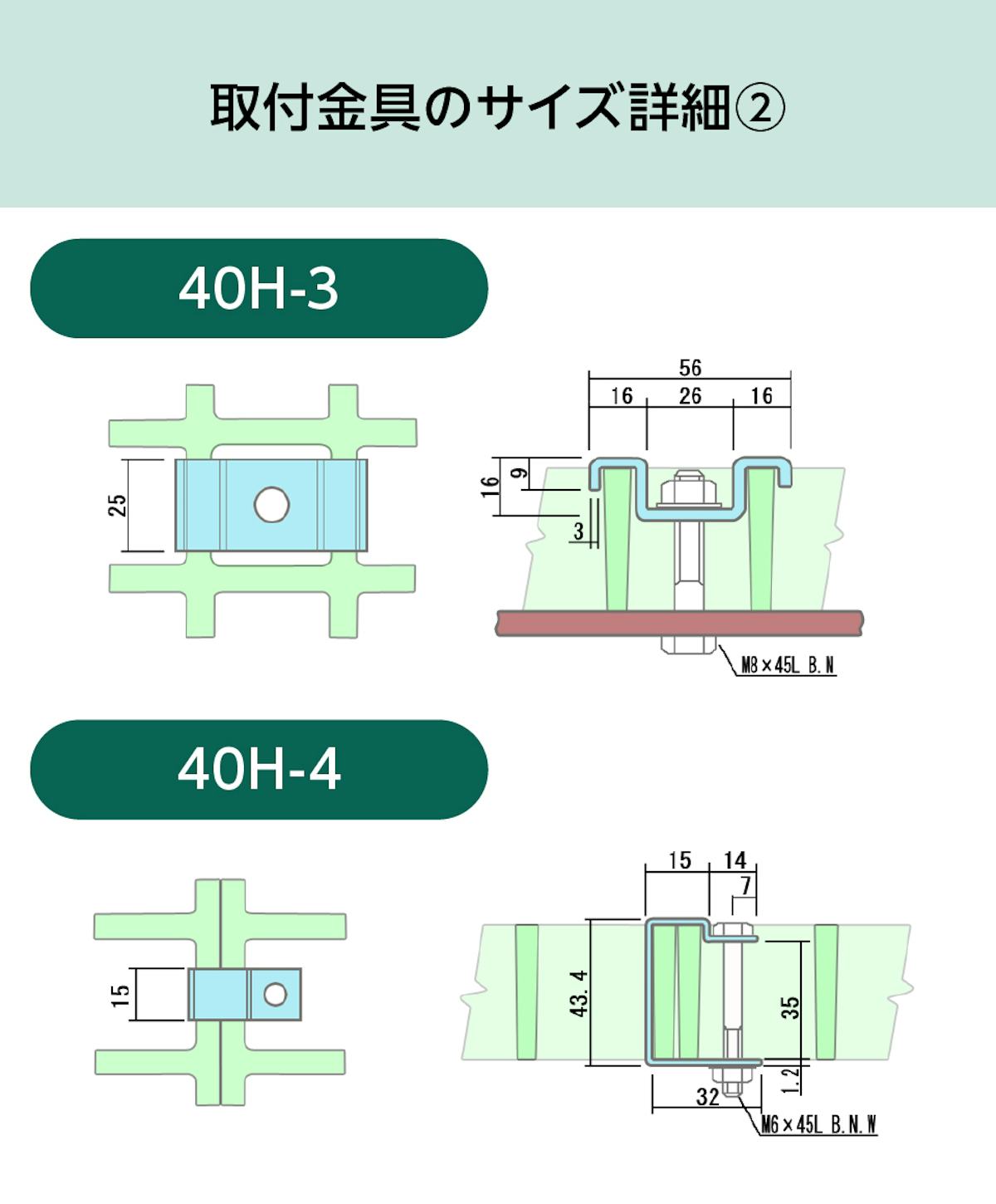 「OG4040」用frpグレーチング固定金具のサイズ詳細②／40H-3、40H-4