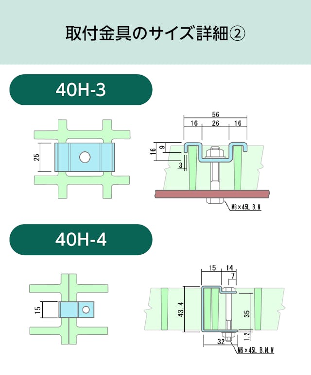 「OG4040」用frpグレーチング固定金具のサイズ詳細②／40H-3、40H-4