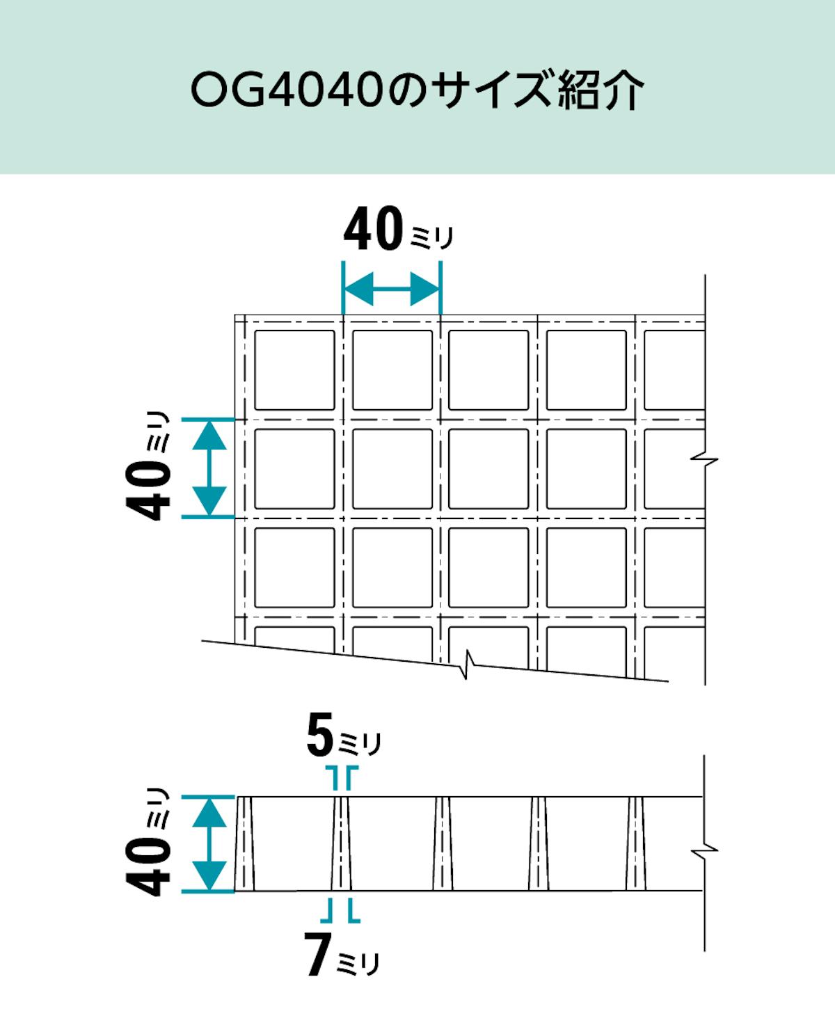 「OG4040(frpグレーチング)」のサイズ - マス目40ミリ角、40ミリ厚