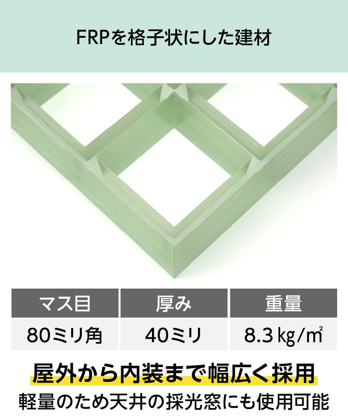 frpを格子状にした「グレーチング OG8040」は、階段や足場など幅広く採用されている建材