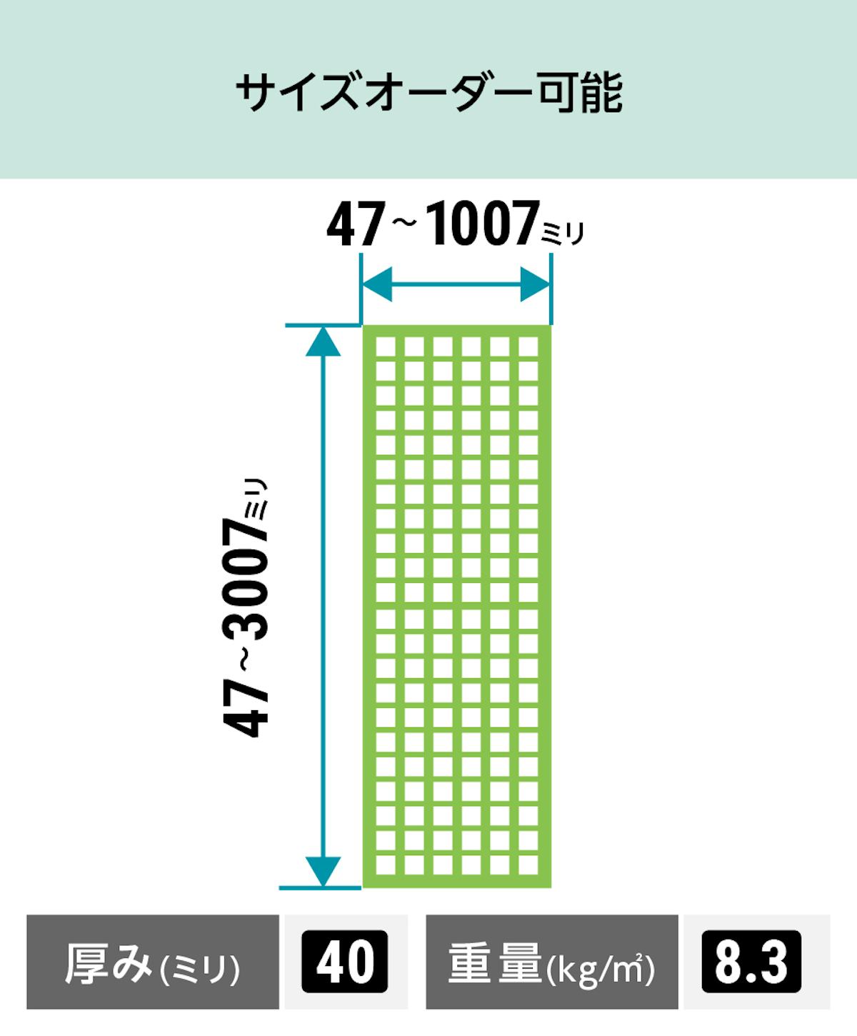 マス目80ミリ角・40ミリ厚の「frpグレーチング(OG8040)」は、1ミリ単位でオーダーメイド可能