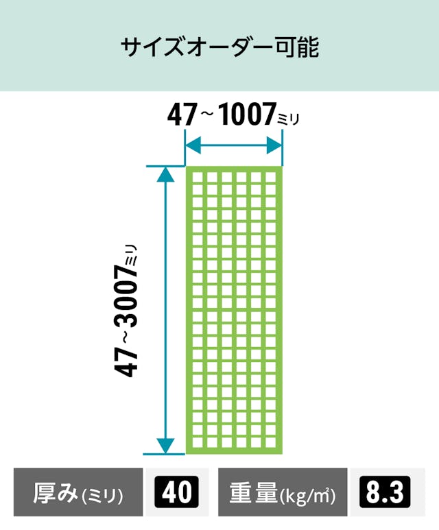 マス目80ミリ角・40ミリ厚の「frpグレーチング(OG8040)」は、1ミリ単位でオーダーメイド可能