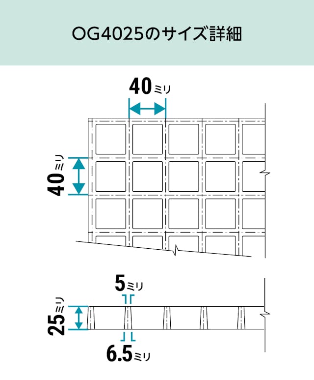 「OG4025(frpグレーチング)」のサイズ - マス目40ミリ角、25ミリ厚