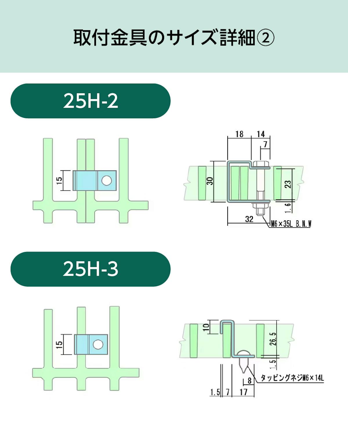 「OG4025」用frpグレーチング固定金具のサイズ詳細②／25H-2、25H-3