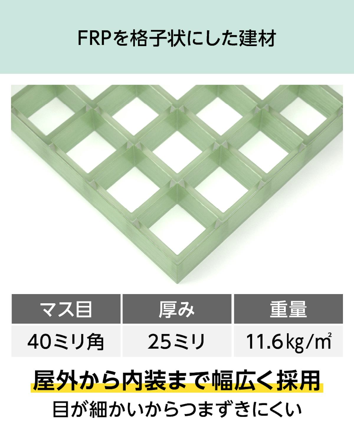 frpを格子状にした「グレーチング OG4025」は、階段や足場など幅広く採用されている建材