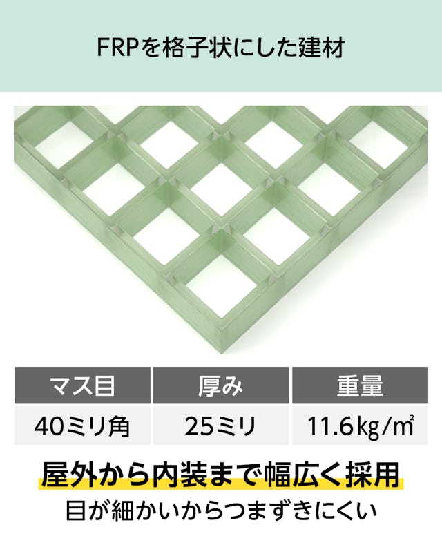 frpを格子状にした「グレーチング OG4025」は、階段や足場など幅広く採用されている建材