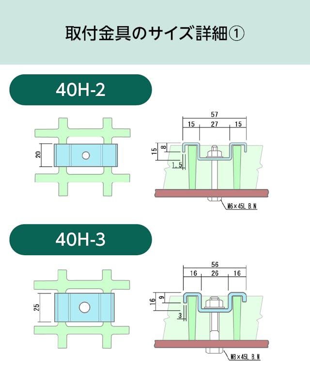 「OG4025」用frpグレーチング固定金具のサイズ詳細①／40H-2、40H-3