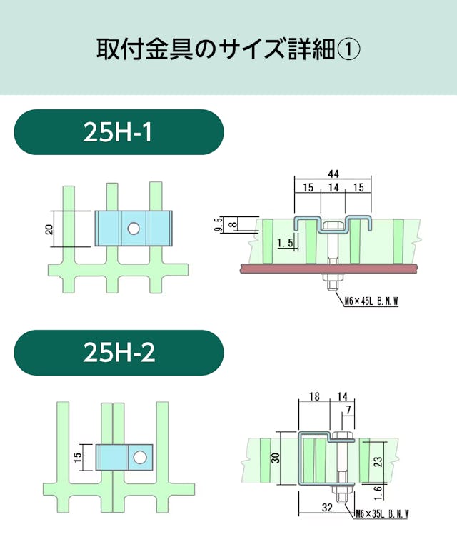 「OG2525」用frpグレーチング固定金具のサイズ詳細①／25H-1、25H-2