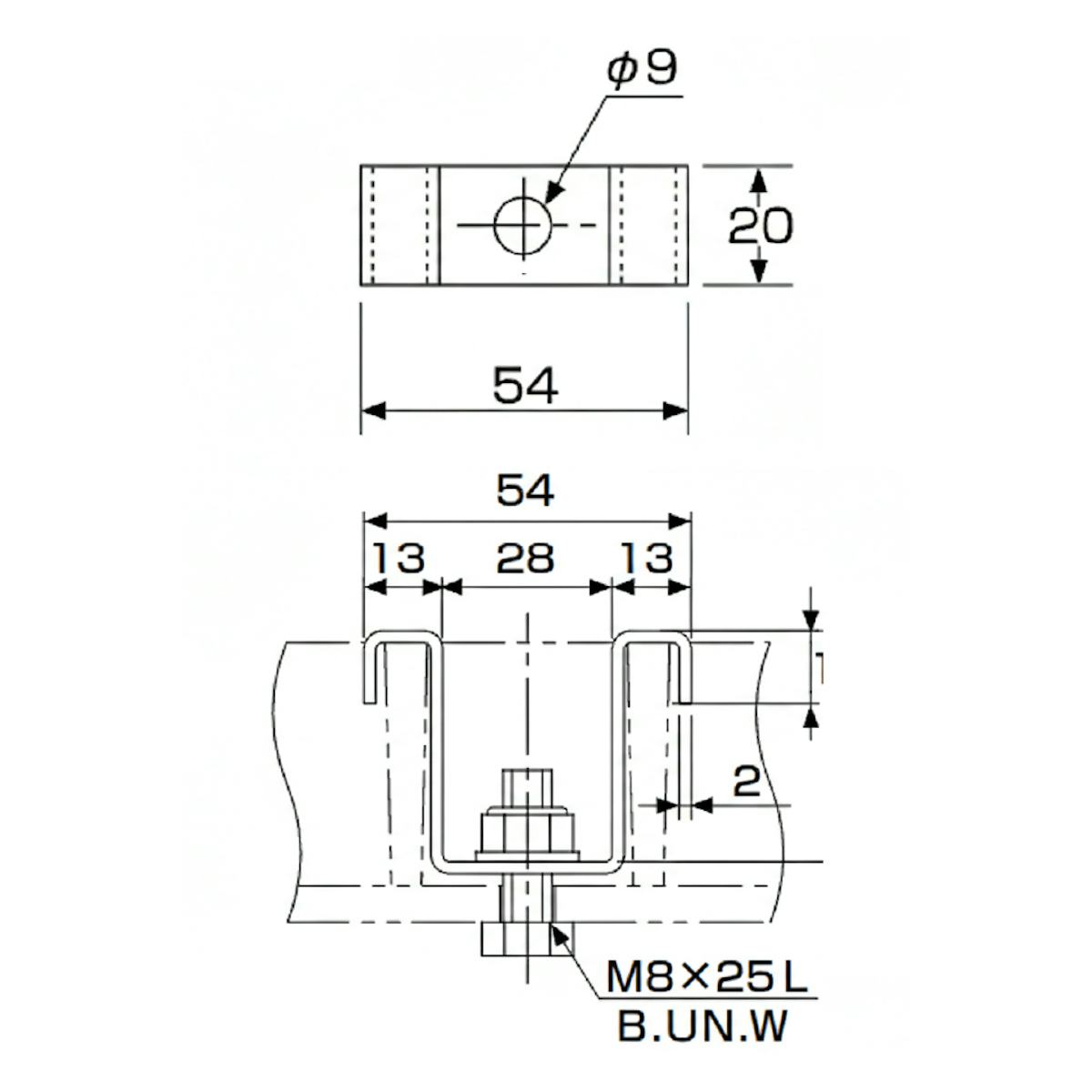 FRPグレーチングの固定金具「PF-2(40H-1)」のサイズ詳細図