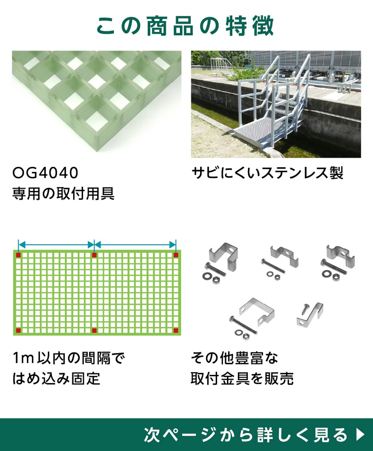 frpグレーチング取付用具「40H-1」の特徴 - OG4040専用金具／サビにくいステンレス製／1m以内の間隔で固定／他の種類も販売中