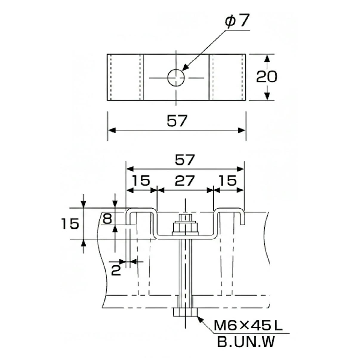 FRPグレーチングの固定金具「FF-2(40H-2)」のサイズ詳細図