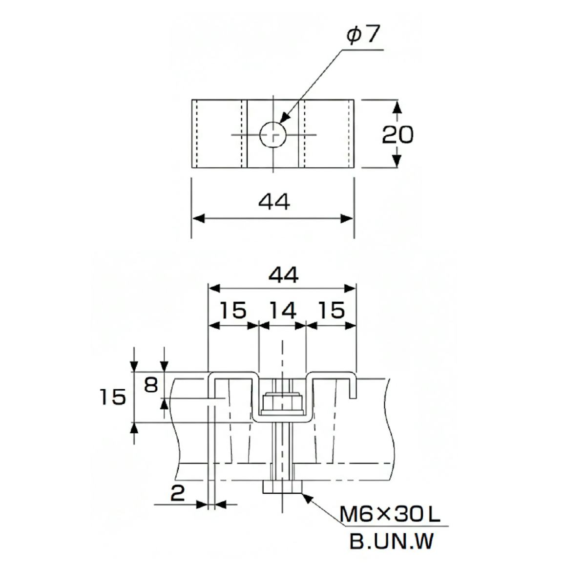 FRPグレーチングの固定金具「25H-1」のサイズ詳細図