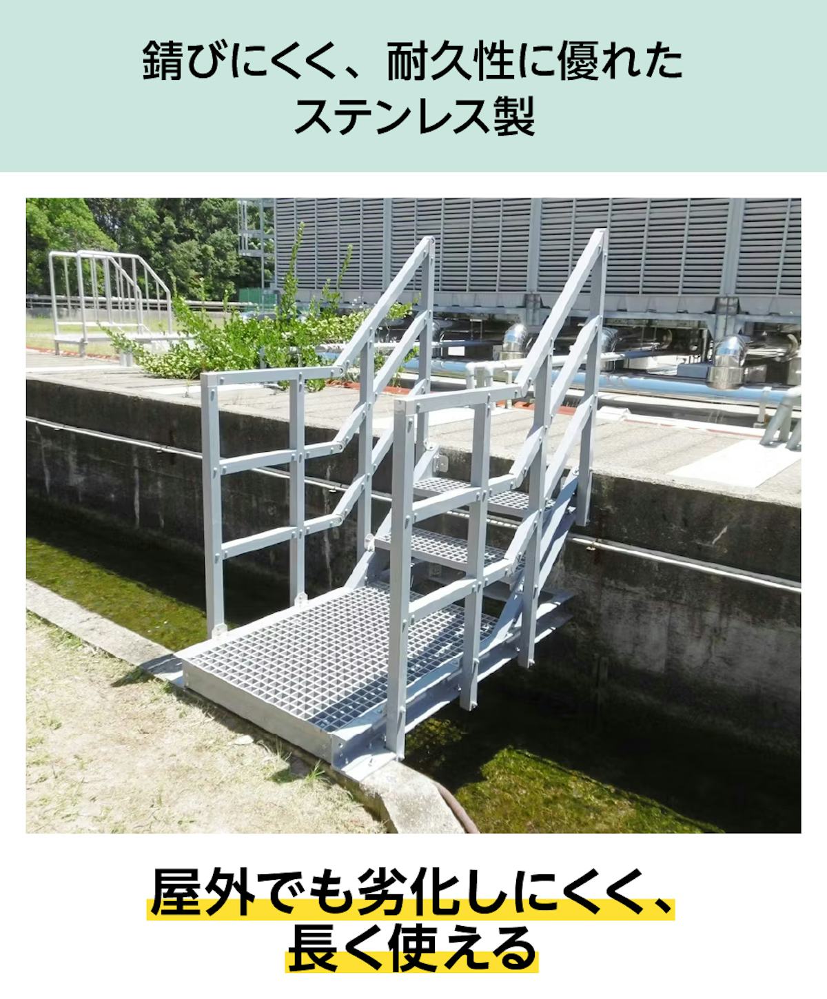FRPグレーチング固定金具「25H-1(マス目25×100ミリ用)」は、野外でも劣化しにくいステンレス製