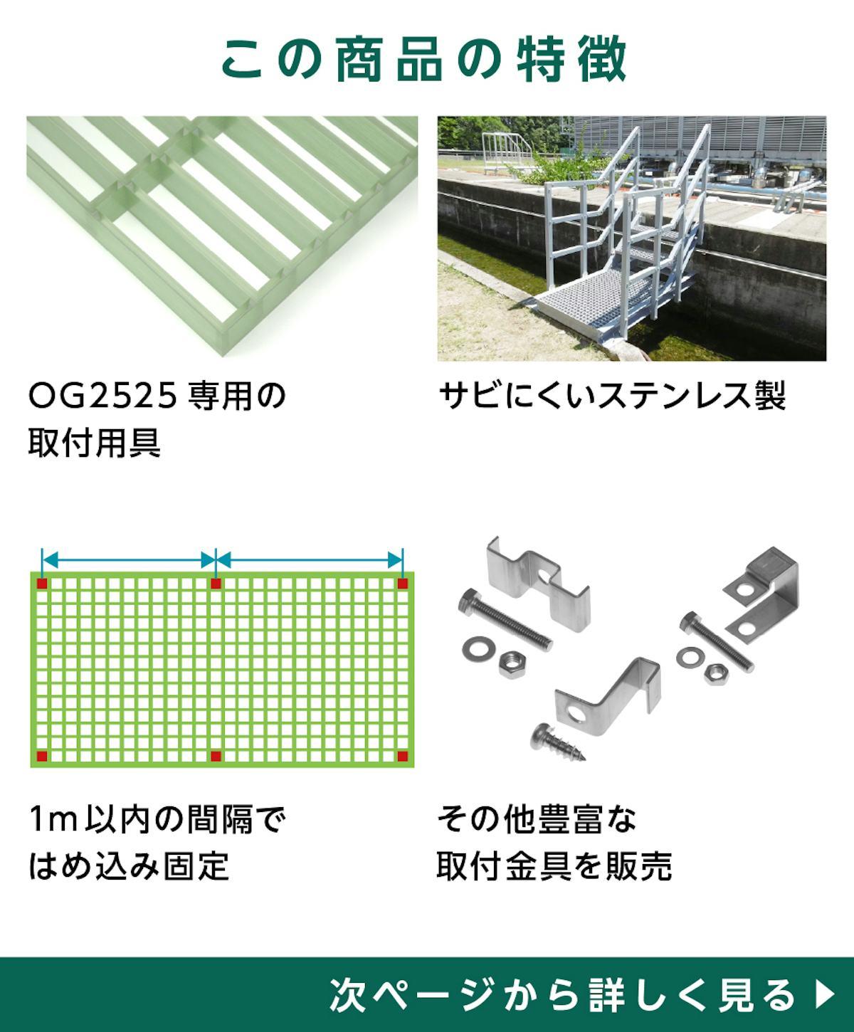 「25H-1」の特徴 - FRPグレーチングOG2525用固定金具／サビにくいステンレス製／1メートル間隔で固定／他の取付金具も販売