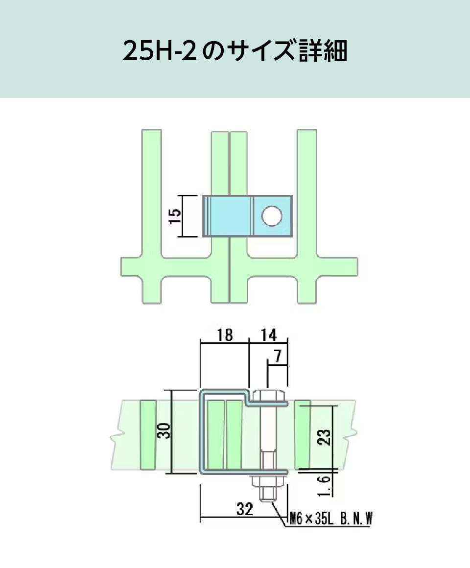 「25H-2(マス目25×100ミリ・マス目40ミリ角のFRPグレーチング設置金物)」のサイズ詳細